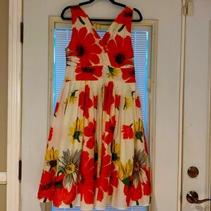 Aryeh Dress White Orange Cotton Floral Flare Swing Sleeveless Side Zip Midi